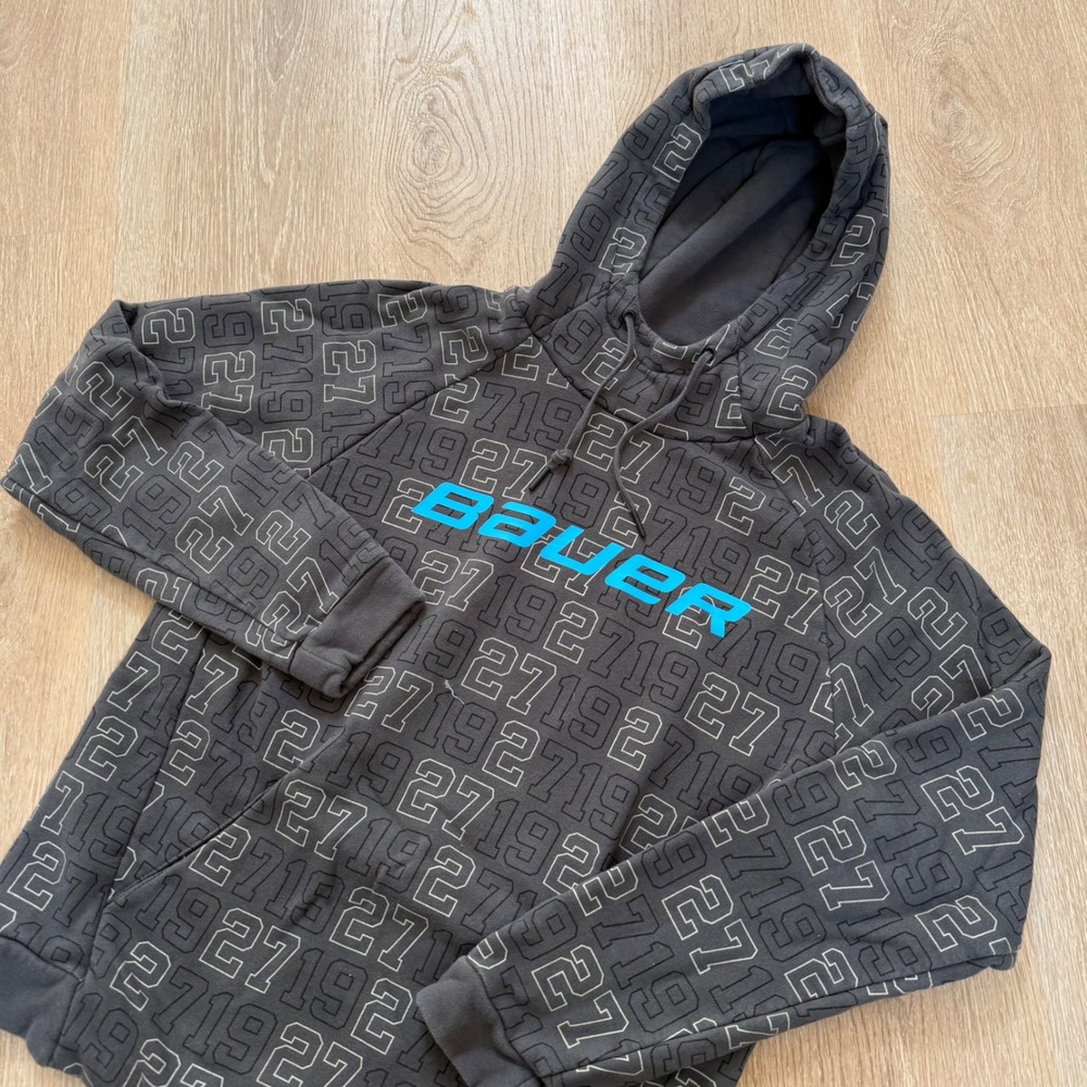 Bauer All Over Print Logo Hoodie Mens Medium Grey Blue Graphic Pullover Hockey